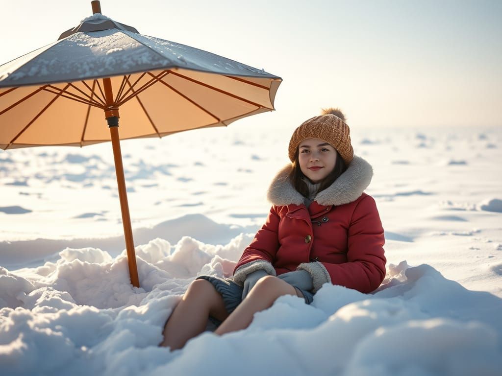 Woman Sunbathing on Snowy Beach in Vintage Film Style