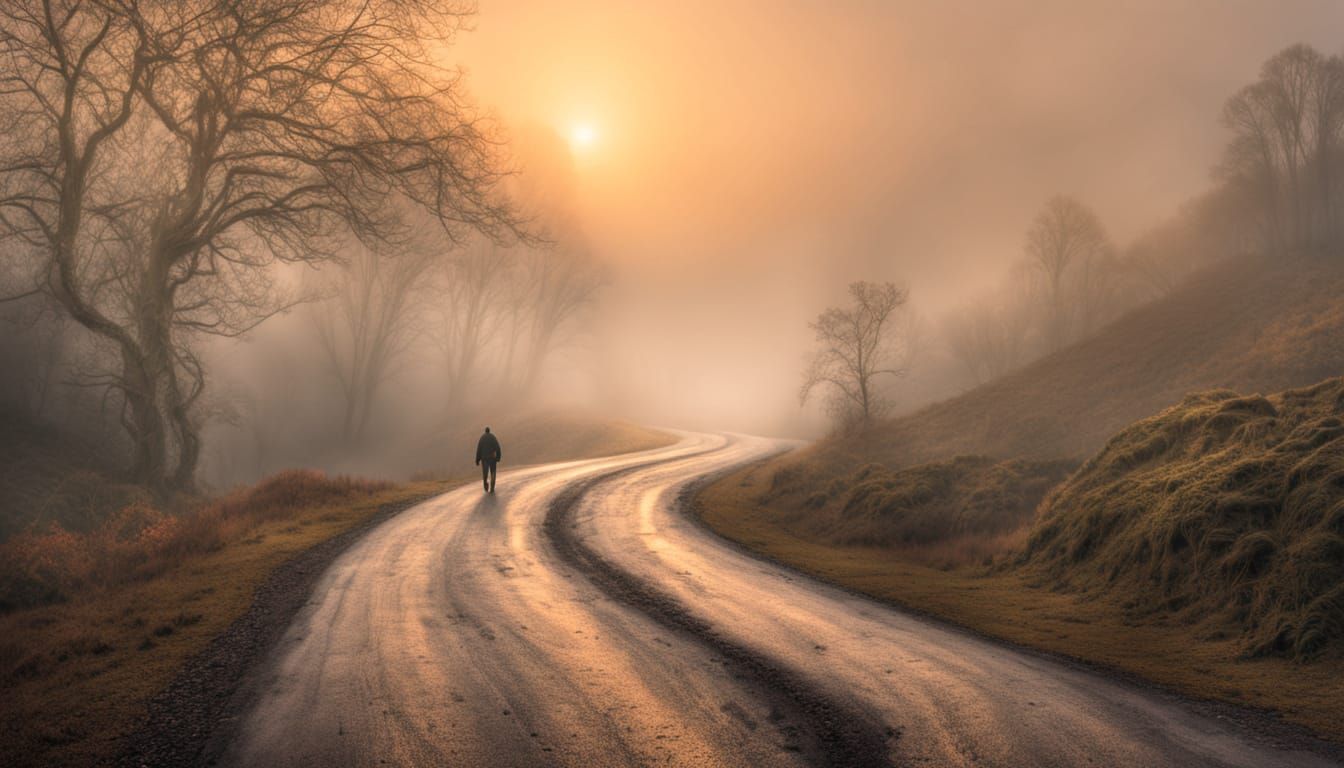 Lone Traveler in Foggy Landscape