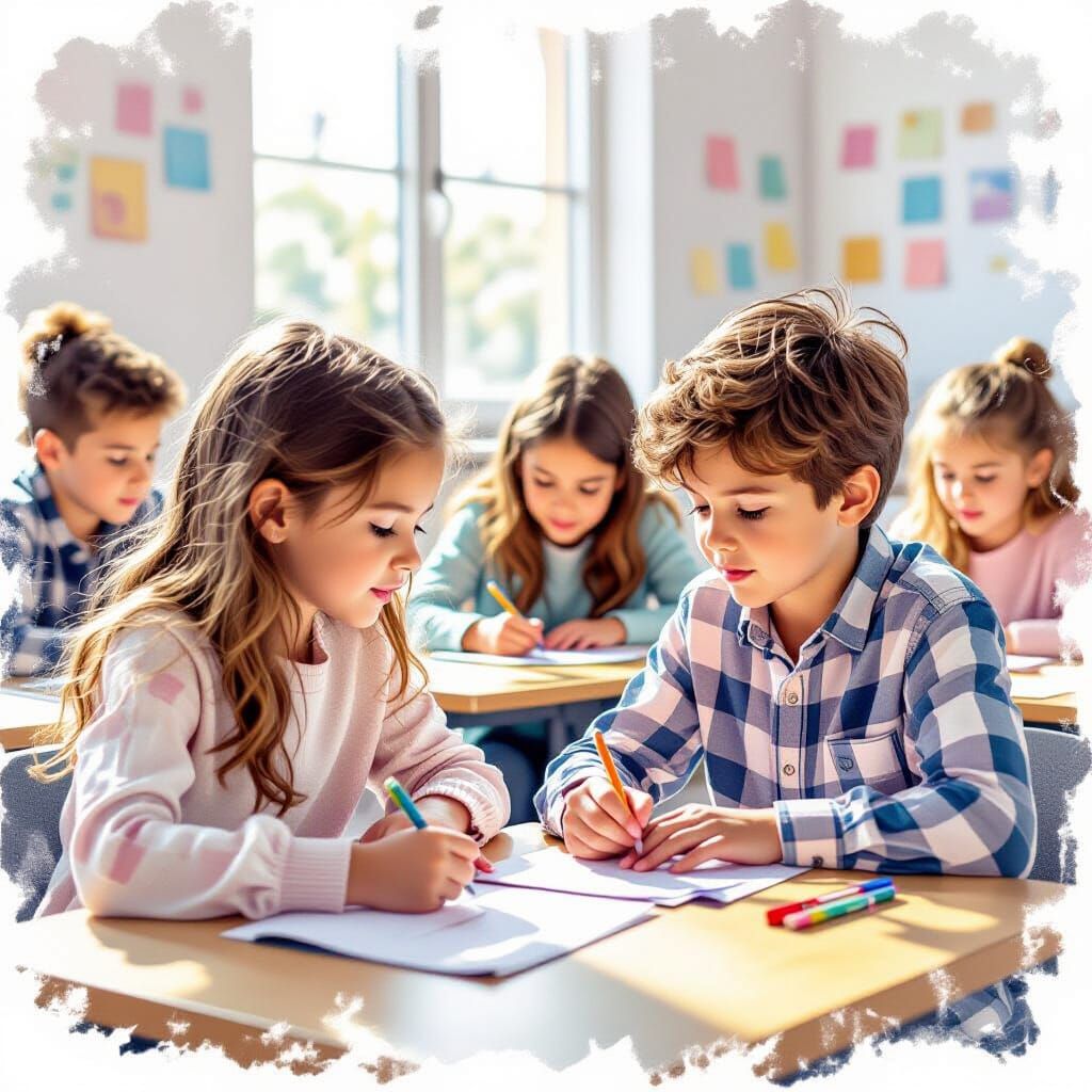 Young Students Solving Problems in Colored Pencil Style