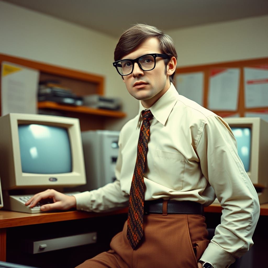 Retro Office Scene in 1970s Style
