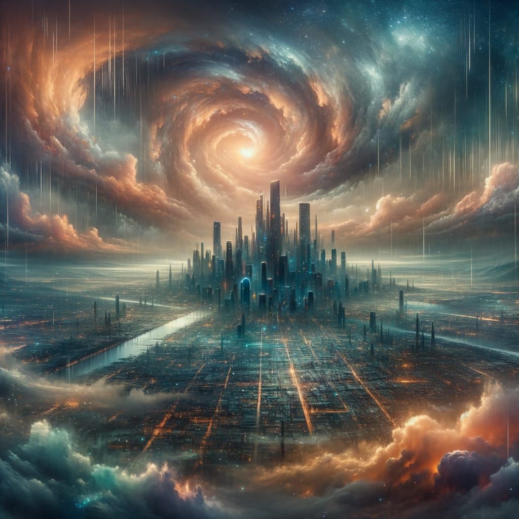 Otherworldly Futuristic City in Surreal Dystopian Sky