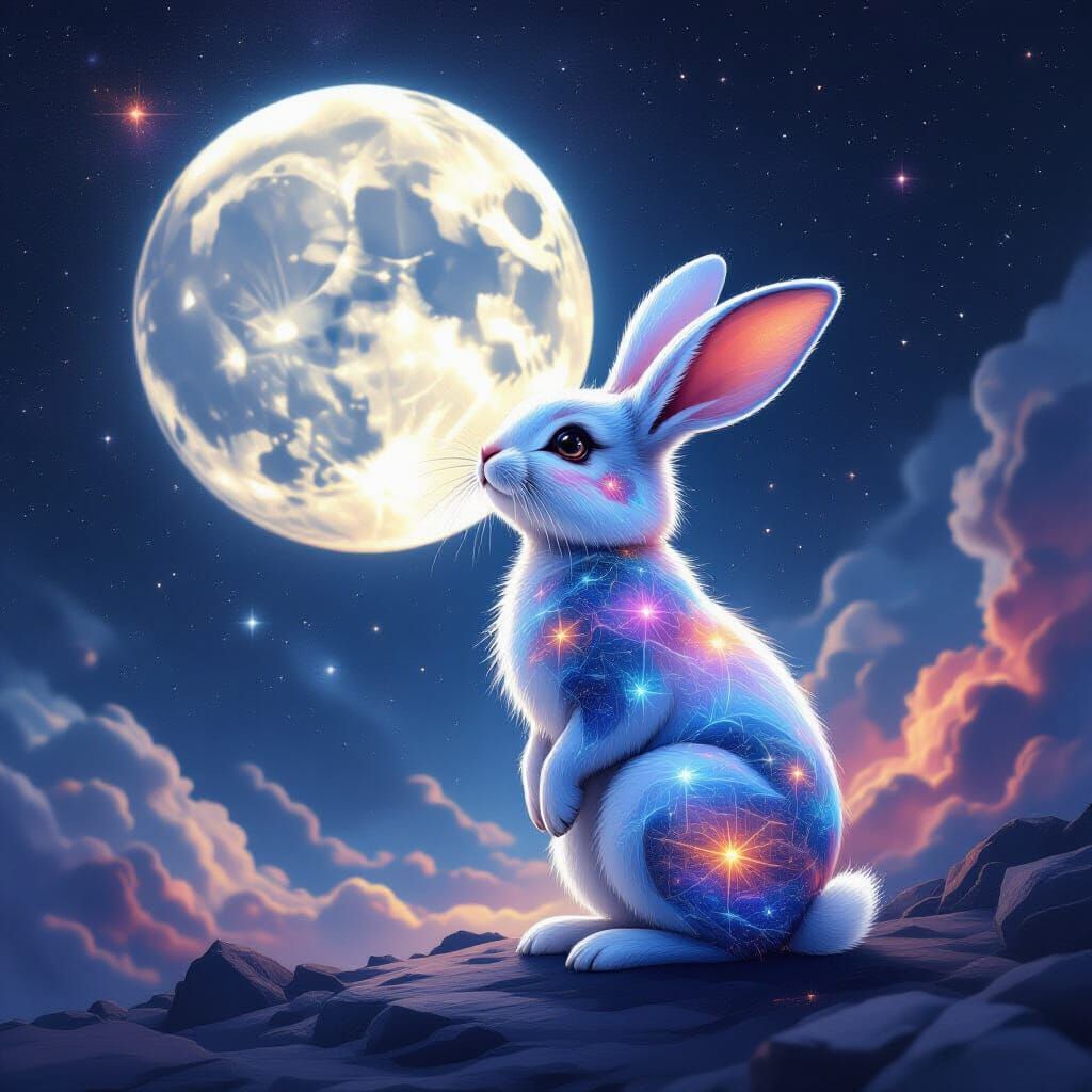 Cosmic Rabbit Gazes at Crystalline Moon in Stardust Style