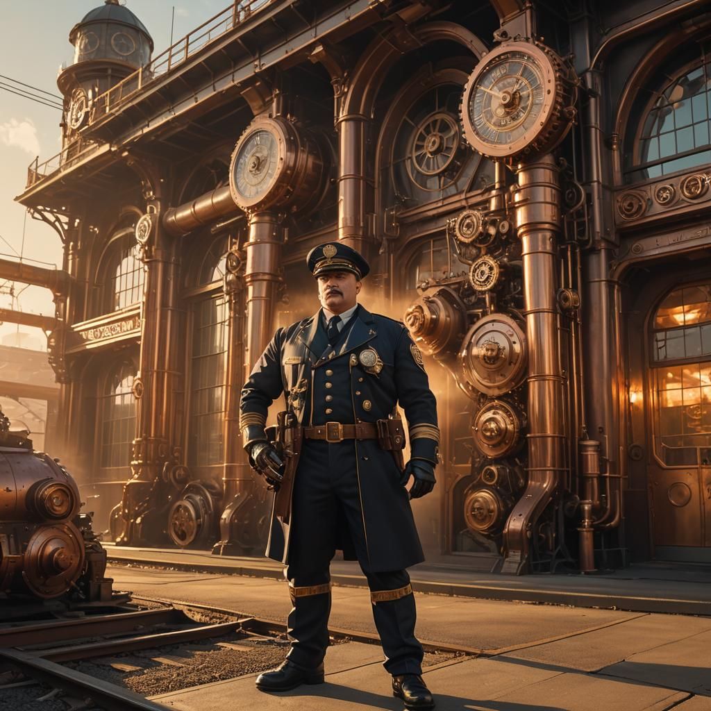 Steampunk Policeman Guarding Train Station