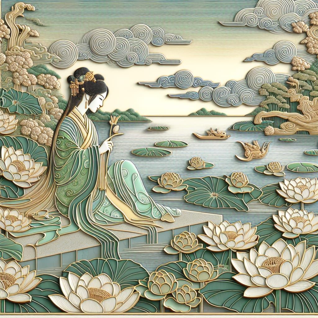 Embossed Art of Chinese Woman in Water Lilies