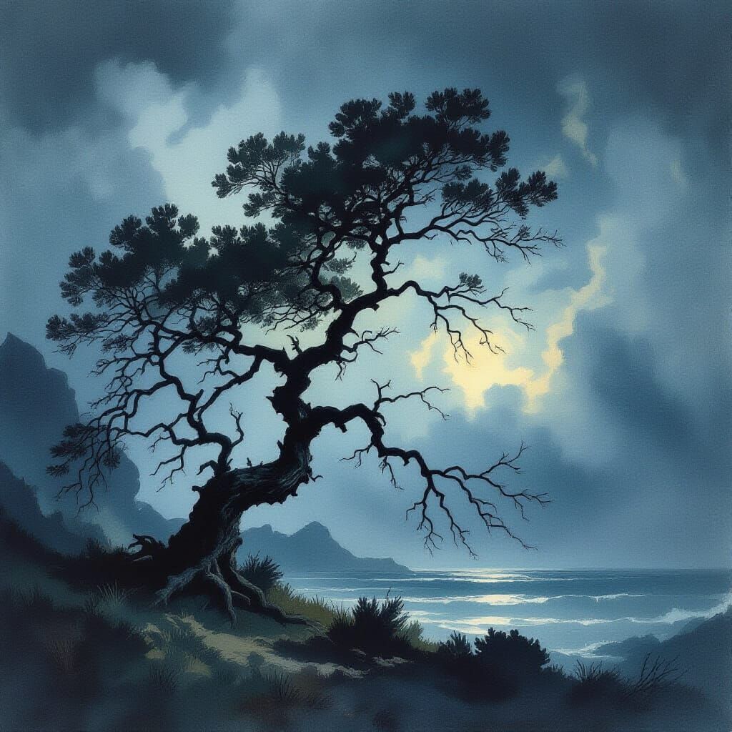 Ancient Tree Silhouetted Against Stormy Twilight Sky
