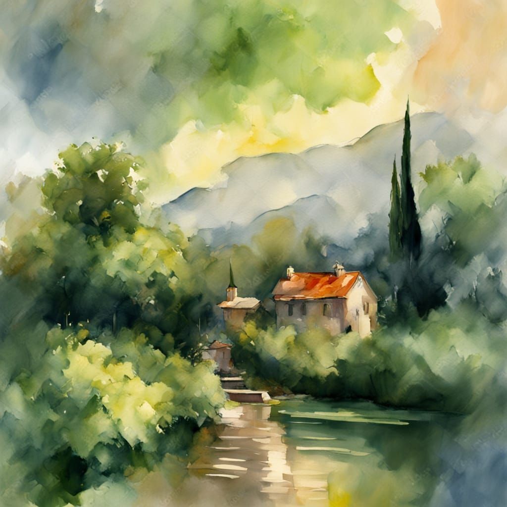 Impressionist Gouache Painting of a Green Square