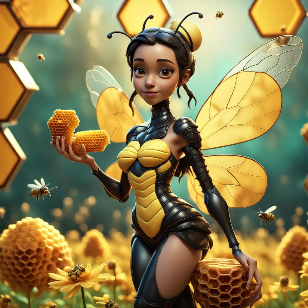 Queen Bee Fairy in Honeycomb Field, 3D Render