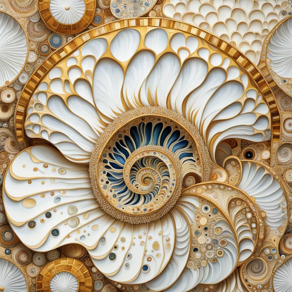 Hyperrealistic Scallop Shell in Klimt-Inspired Mosaic
