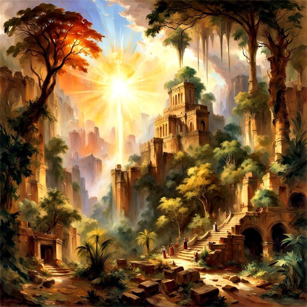 Ancient Sun Over Jungle Ruins in Hyperrealistic Style