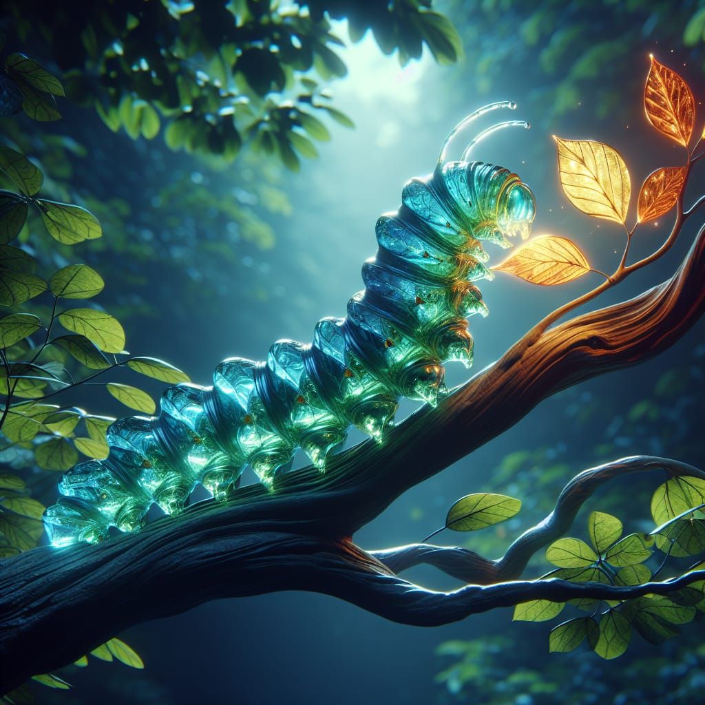 Radiant Glass Caterpillar Consuming Glowing Leaves