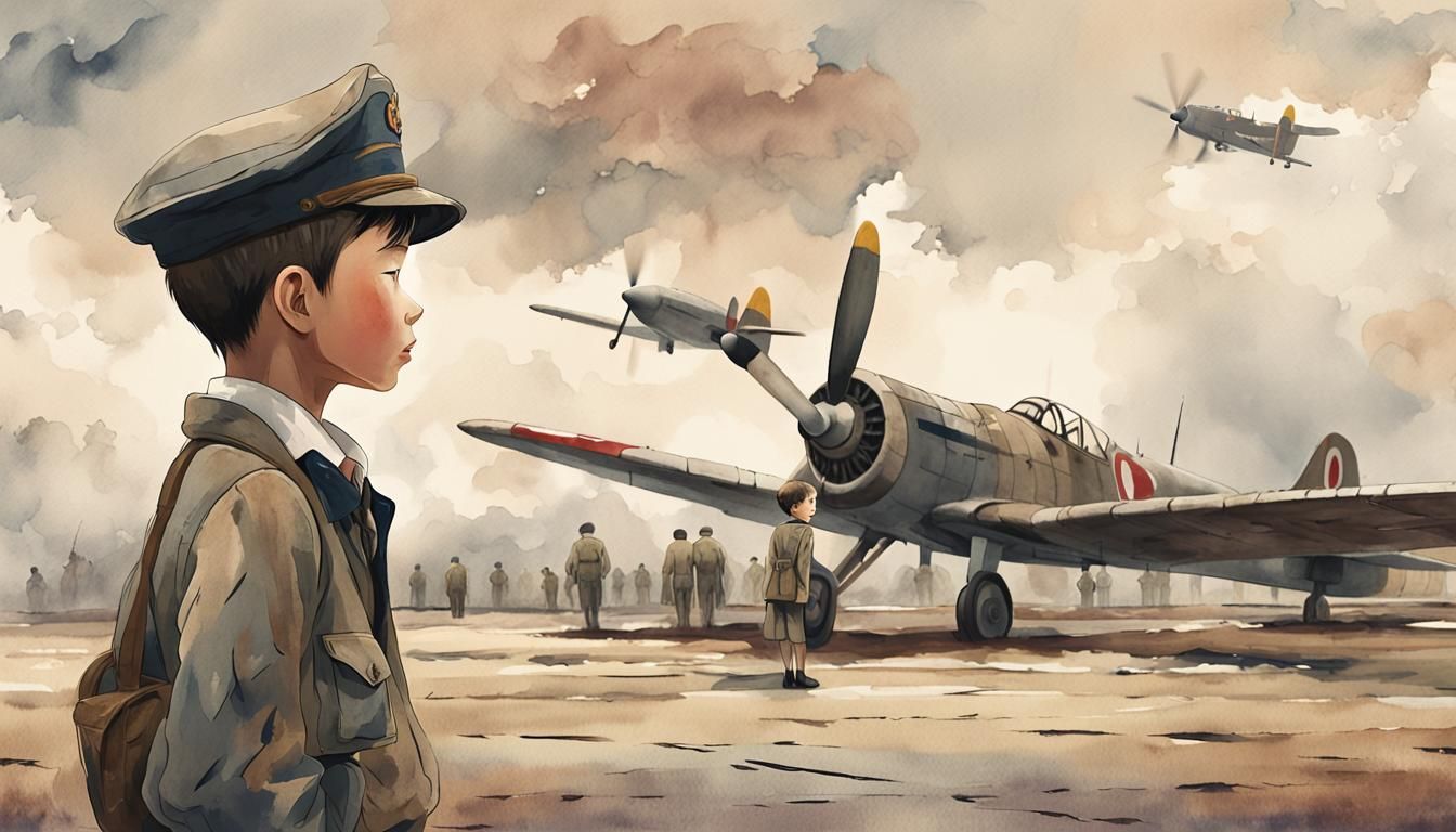 Solemn Boy Salutes on Wartime Airfield in Muted Watercolor-I...