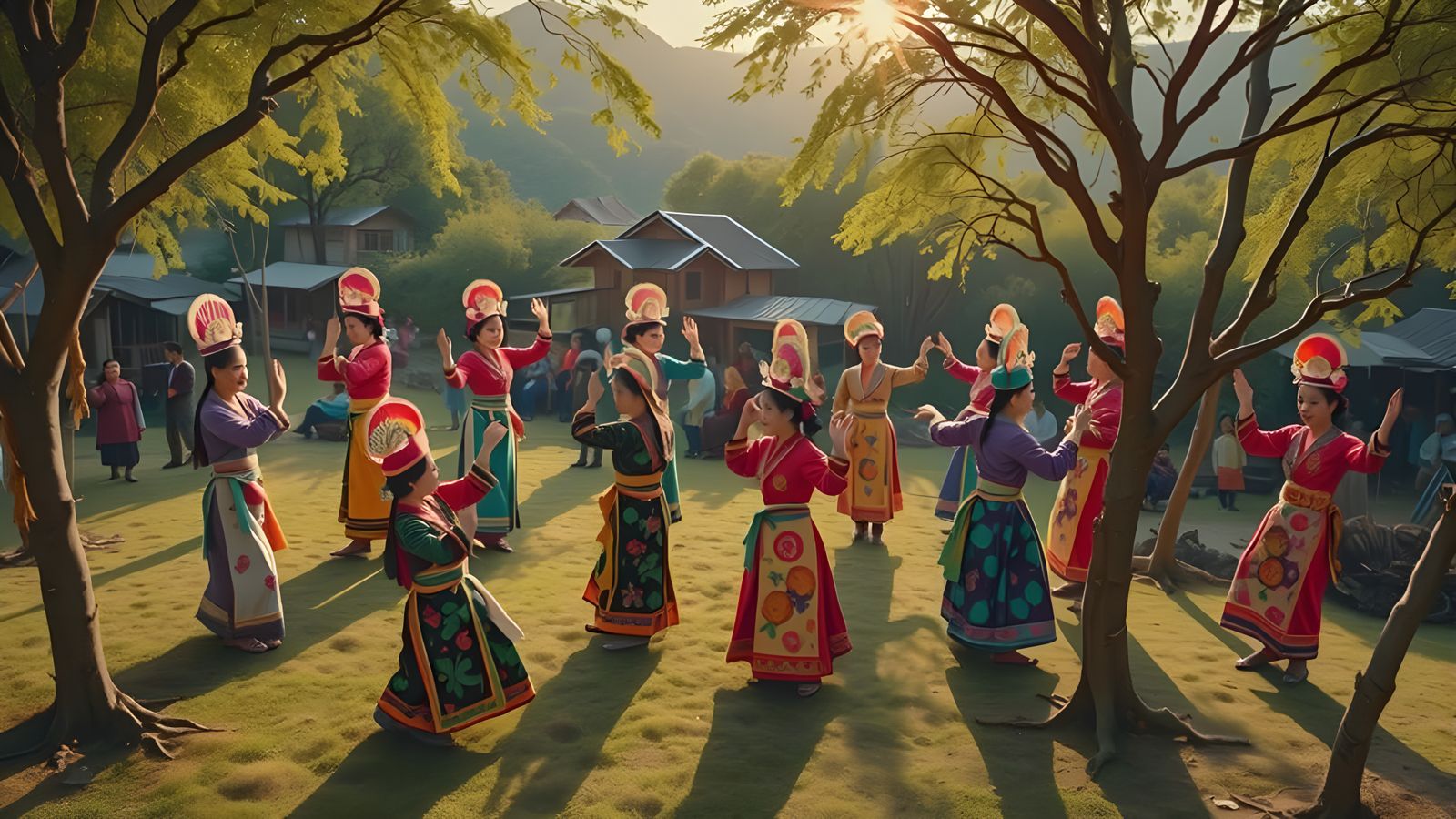 Feminine Hmong Dancers Under Vibrant Cosmic Sky