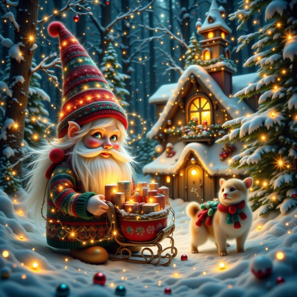 Festive Gnome in Snowy Forest with Fairy Lights