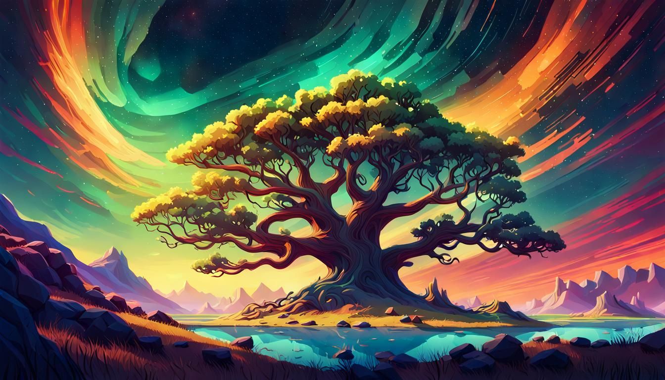 Aurora Borealis Tree in Cel-Shaded Style