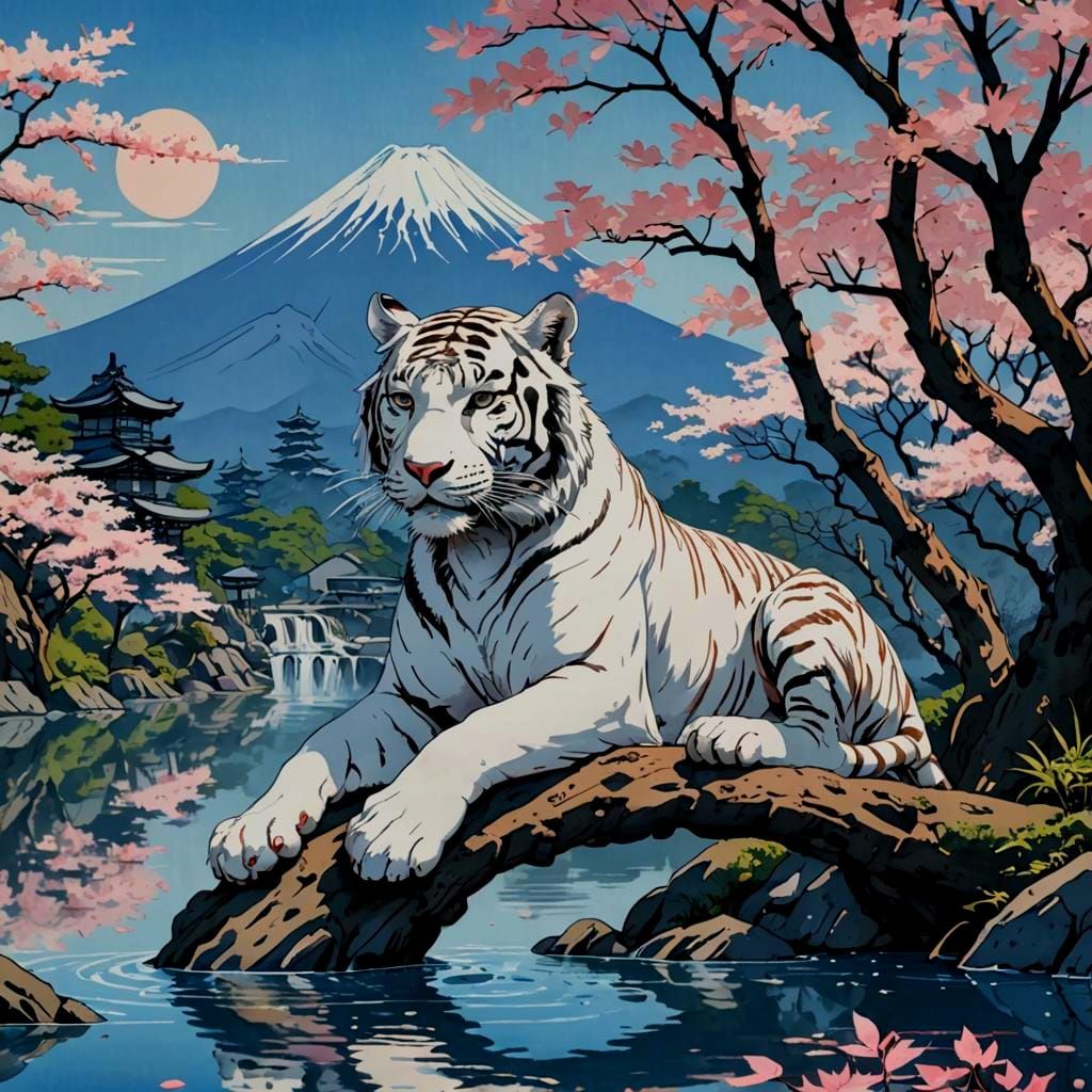 Mount fuji in the background White bengle tiger Ukiyo-e inspired 3d anime art. Medium shot. A serene red feline creature...