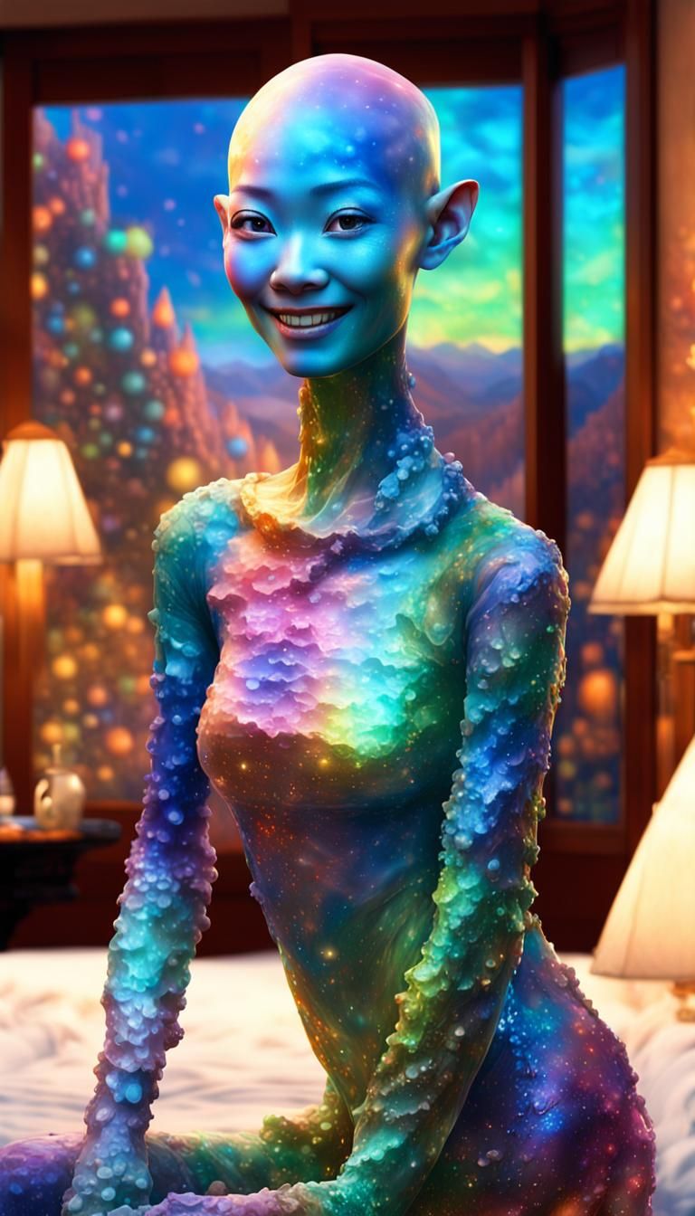 Iridescent Woman Smiling in Hotel Room: Fantasy Art