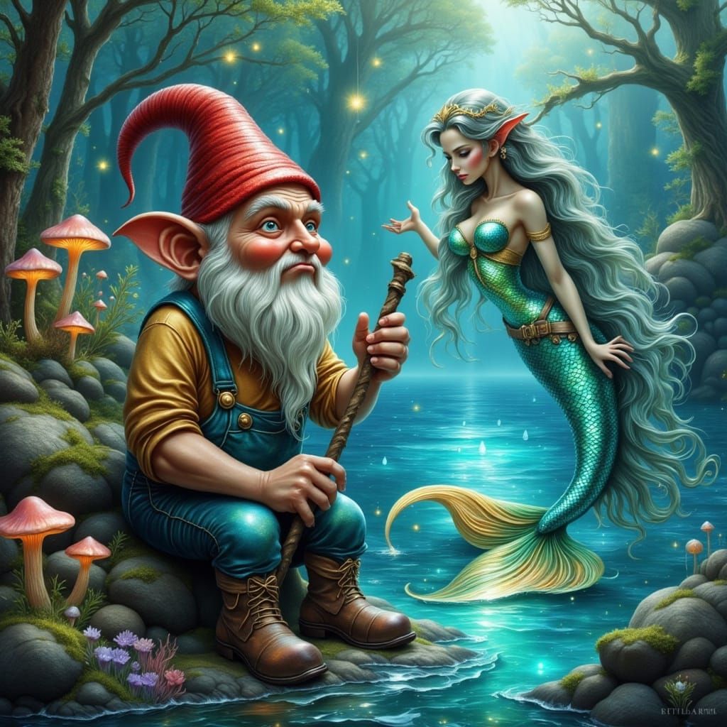 Angry Gnome Fishing for Mermaid in Magical Pond
