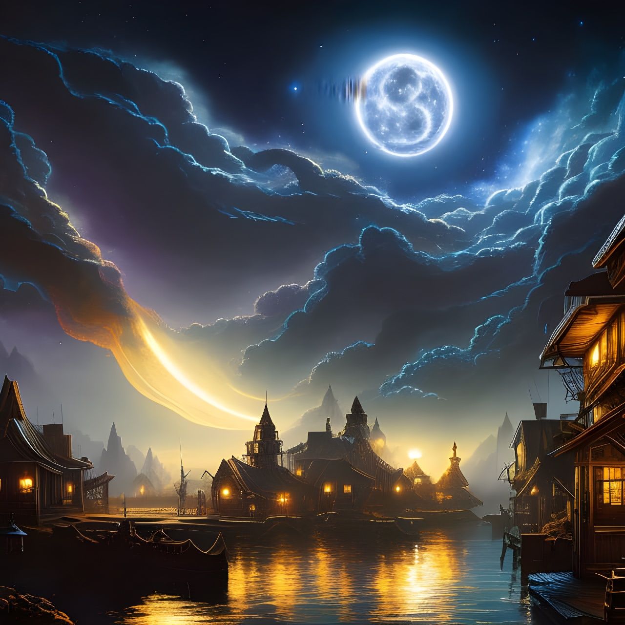 Eldritch Moon Over Shadow Town: Fantasy Digital Art