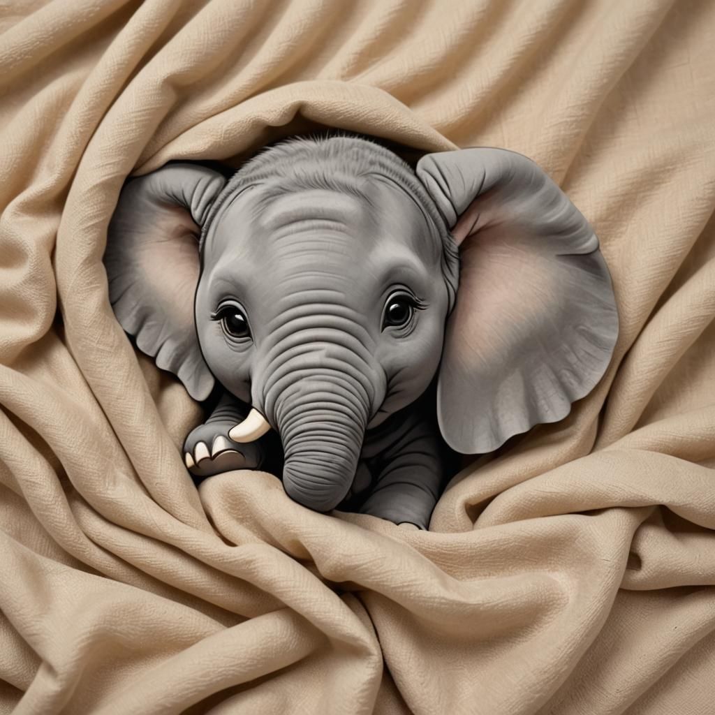a close-up of a chibi baby elephant's face, with its trunk curled up towards its mouth. The elephant is lying on a soft,...