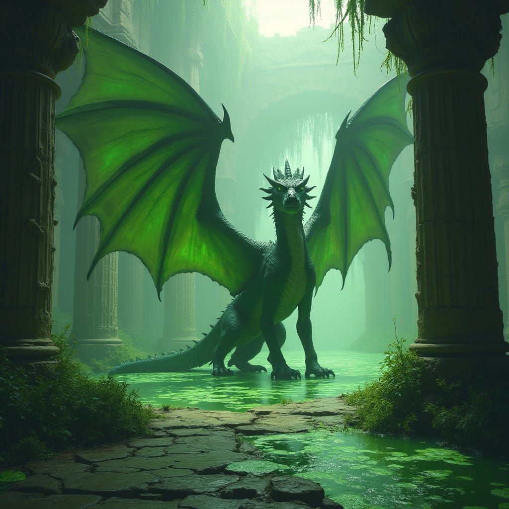 Hyperrealistic Green Dragon in Swamp Ruins