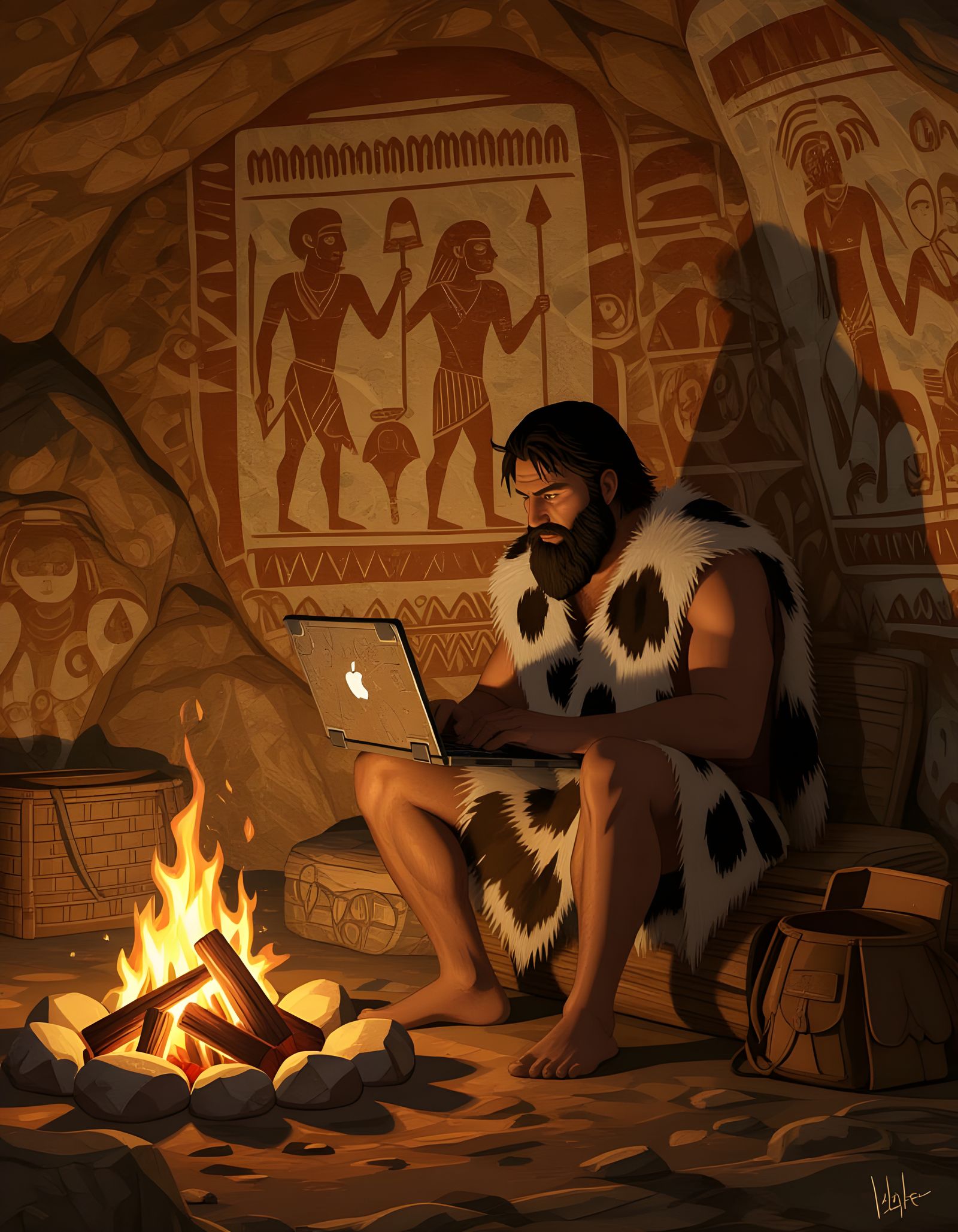 Stone Age Man Uses Laptop in Cave with Campfire