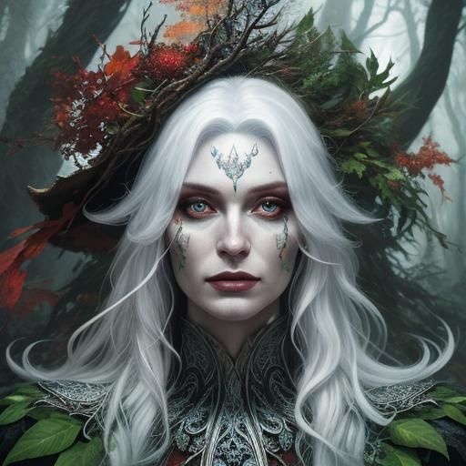 Hyperrealistic White Witch in Autumn Forest