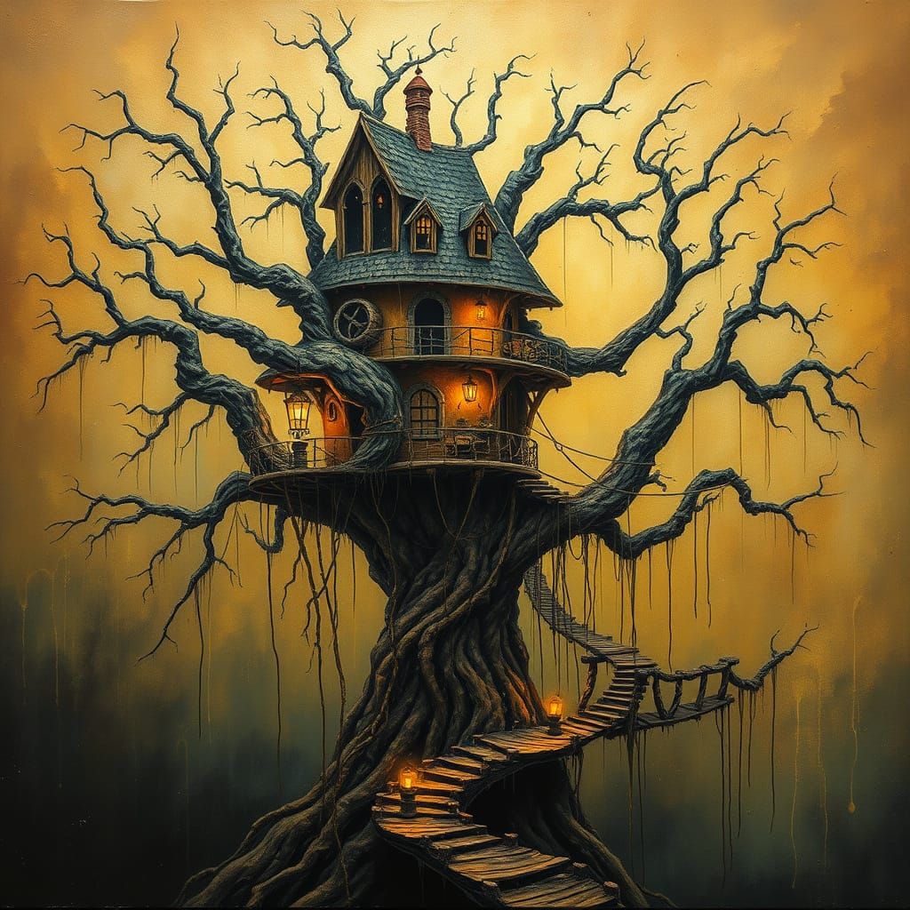 Dreamlike Treehouse with Rope Bridges and Iridescent Lantern...