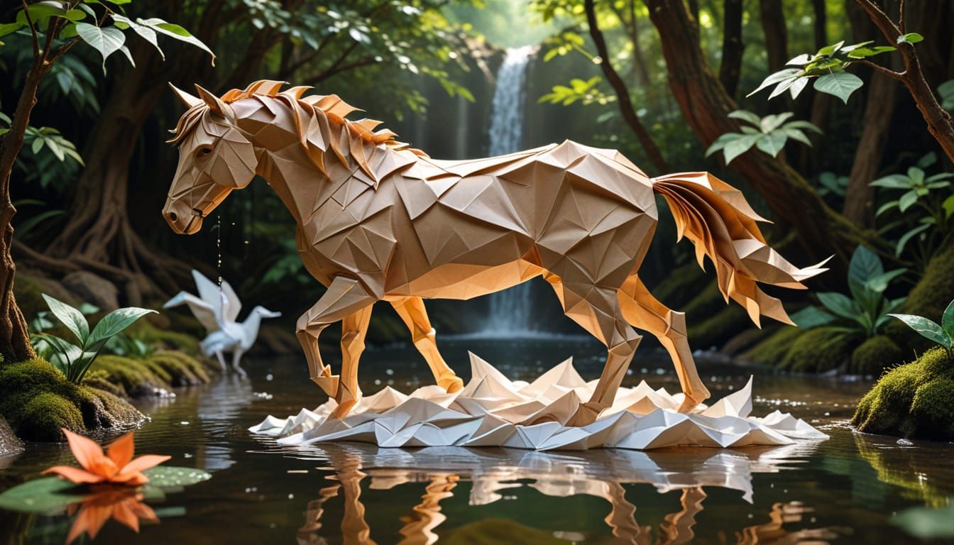 Origami Horse Drinks in Lush Forest