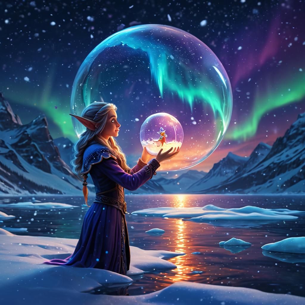 Flying Elf with Snow Globe, Fantasy Art Nouveau