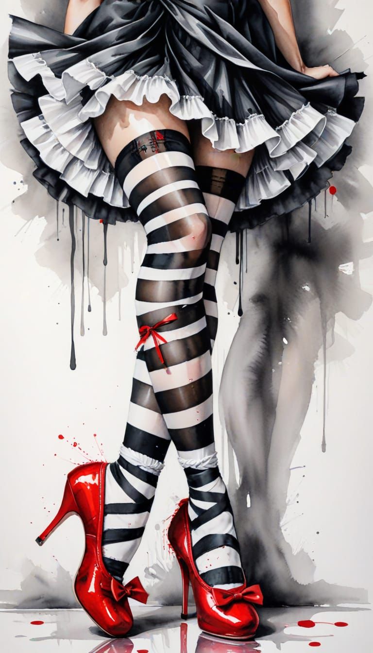 Elegant Legs in Striped Stockings, Red Ballerina Shoes, Arti...