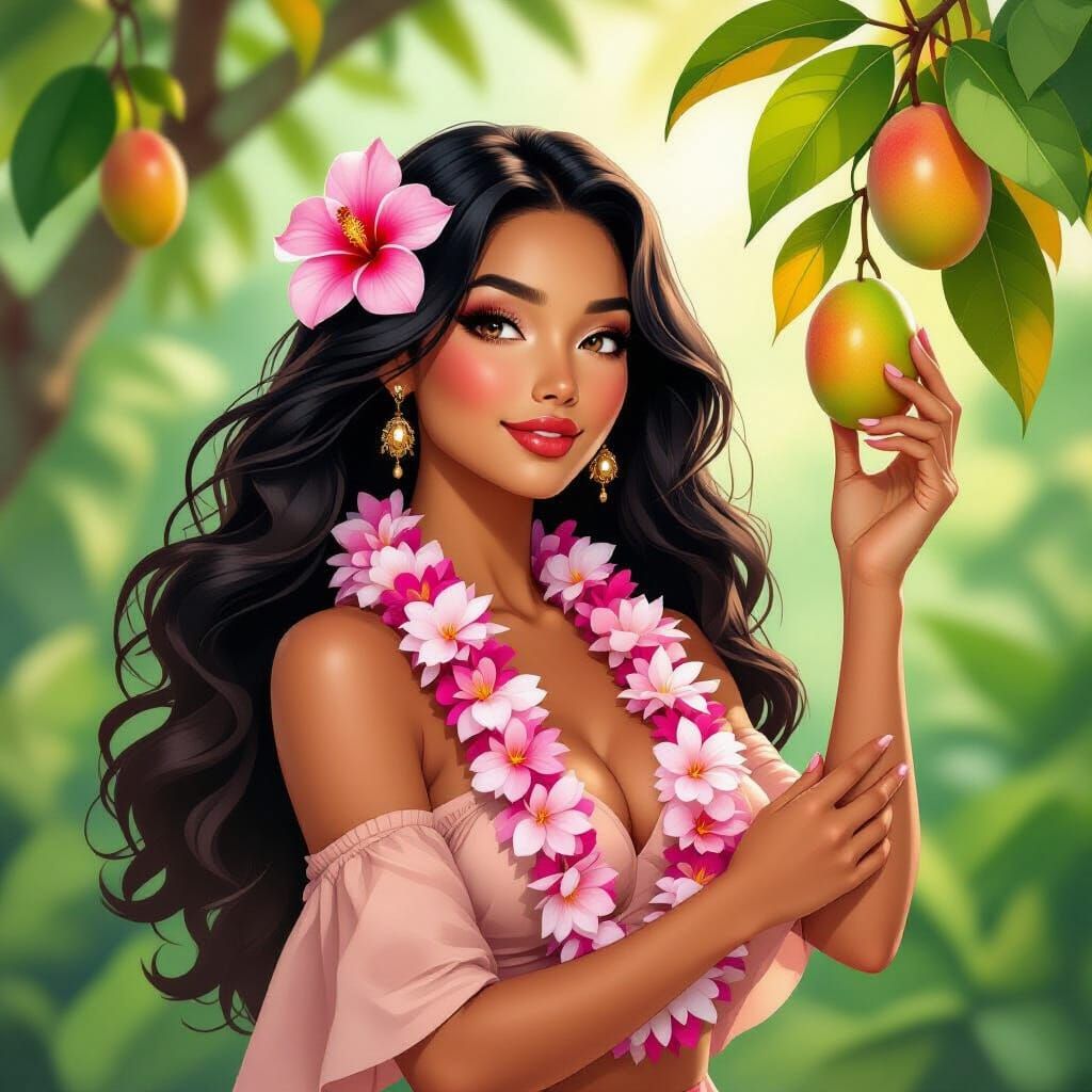 Hawaiian Hula Woman in Romantic Digital Painting Style