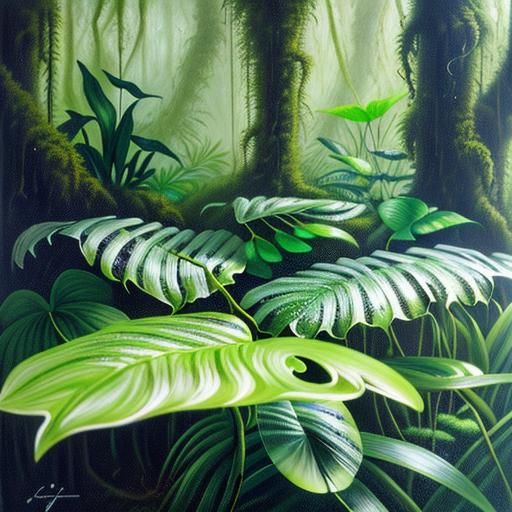 Photorealistic Rainforest Oil Painting with Dew and Moss