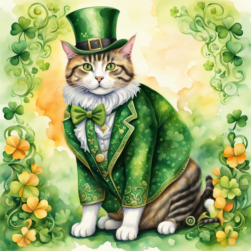St. Patrick's Victorian Cat Watercolor Illustration