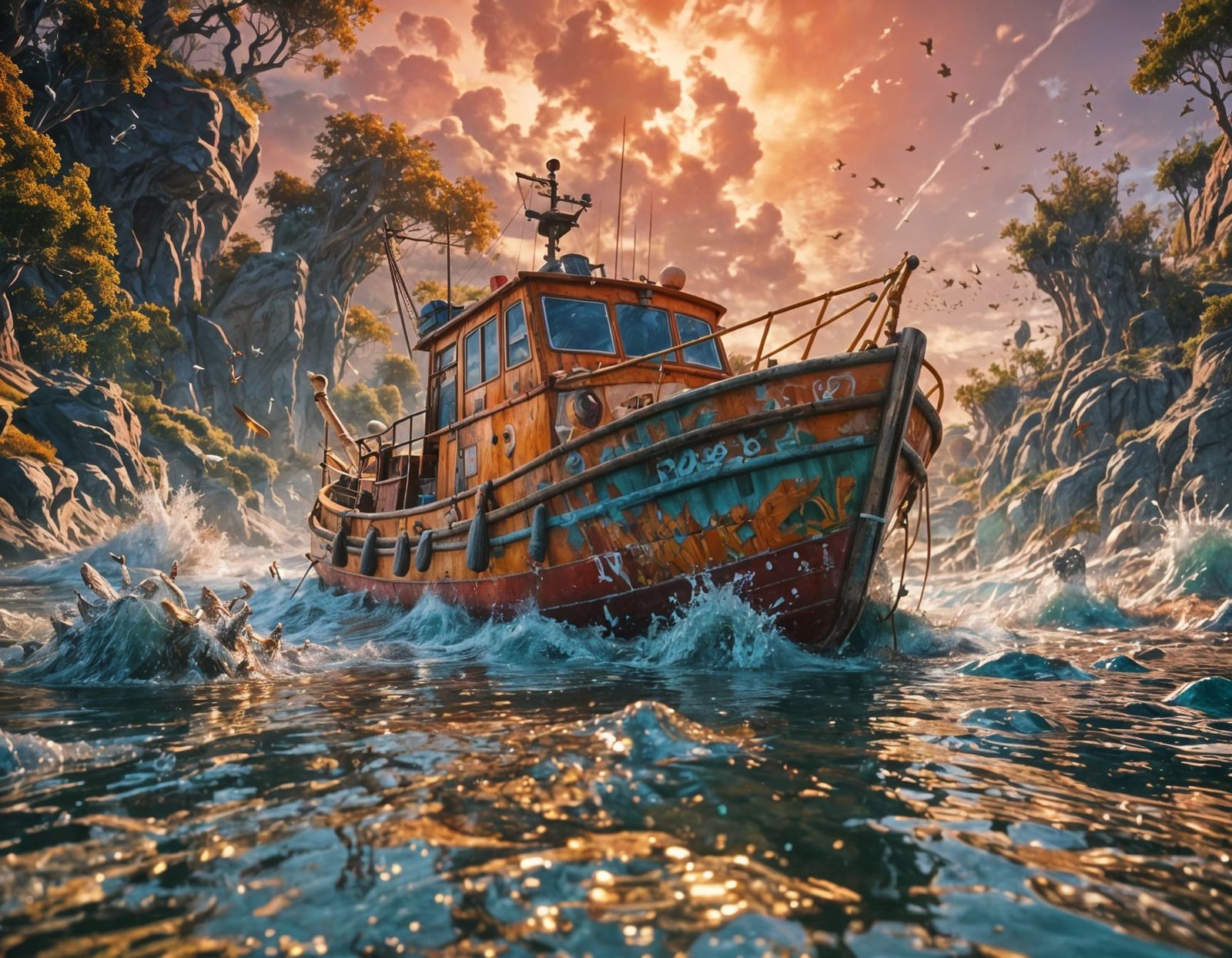 Stunning Fishing Boat Illustration in Vibrant Colour