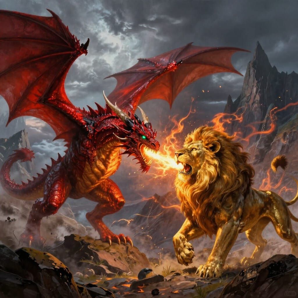 Epic Dragon and Lion Battle in Mountain Landscape