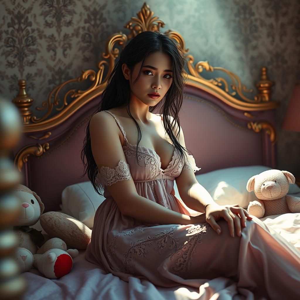 Dreamlike Woman in Ornate Bed, Ethereal Fantasy Art