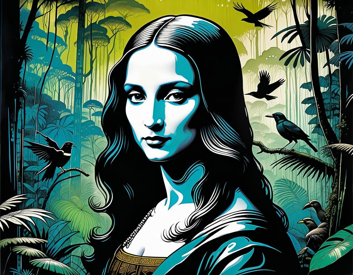 Brazilian Mona Lisa in Rainforest, Ink Illustration