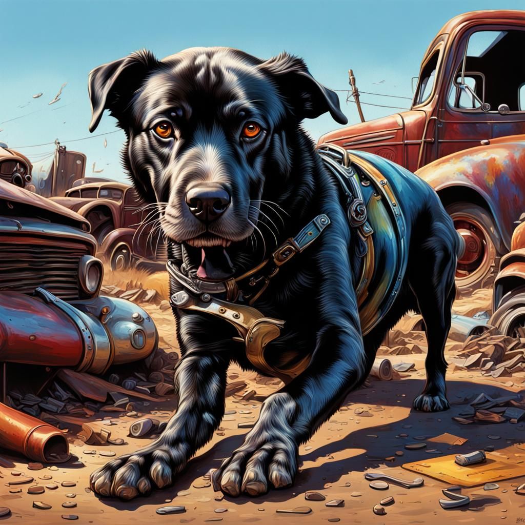 Hyperrealistic Junkyard Dogs in Detailed Splash Art