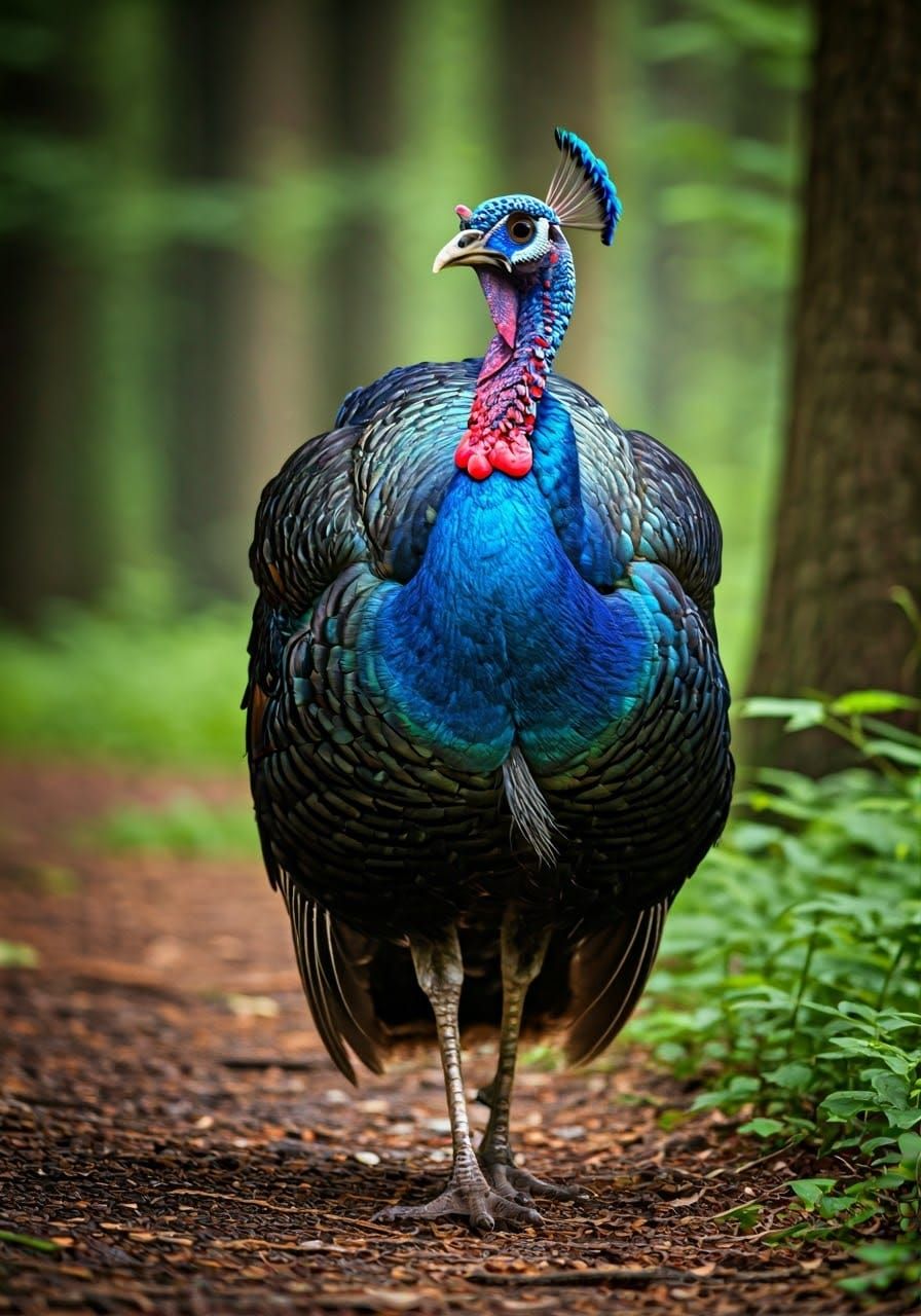 Majestic Turkey-Peacock Hybrid in Misty Forest