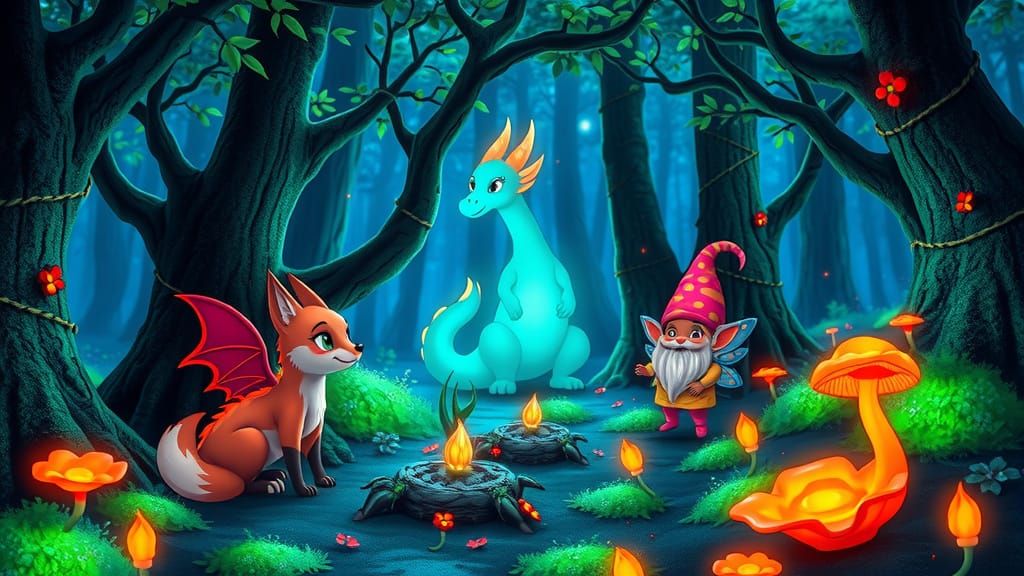 Neon Dragon and Fairy Gathering in Bioluminescent Forest