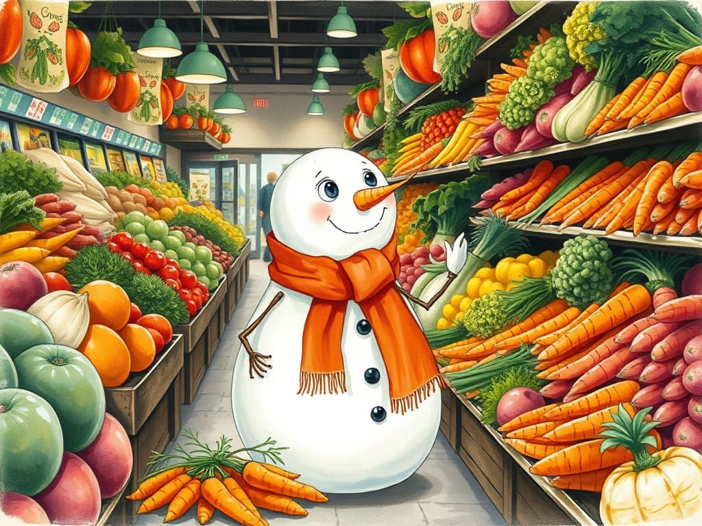 A snowman in the produce aisle looking at carrots.