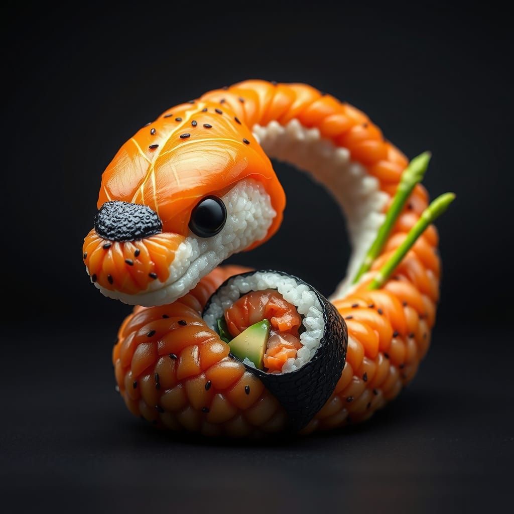 Hyper-Realistic Sushi Sculpture of Coiled Snake in Futuristi...