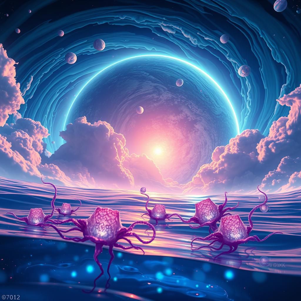 Iridescent Exoplanet Landscape with Bioluminescent Creatures