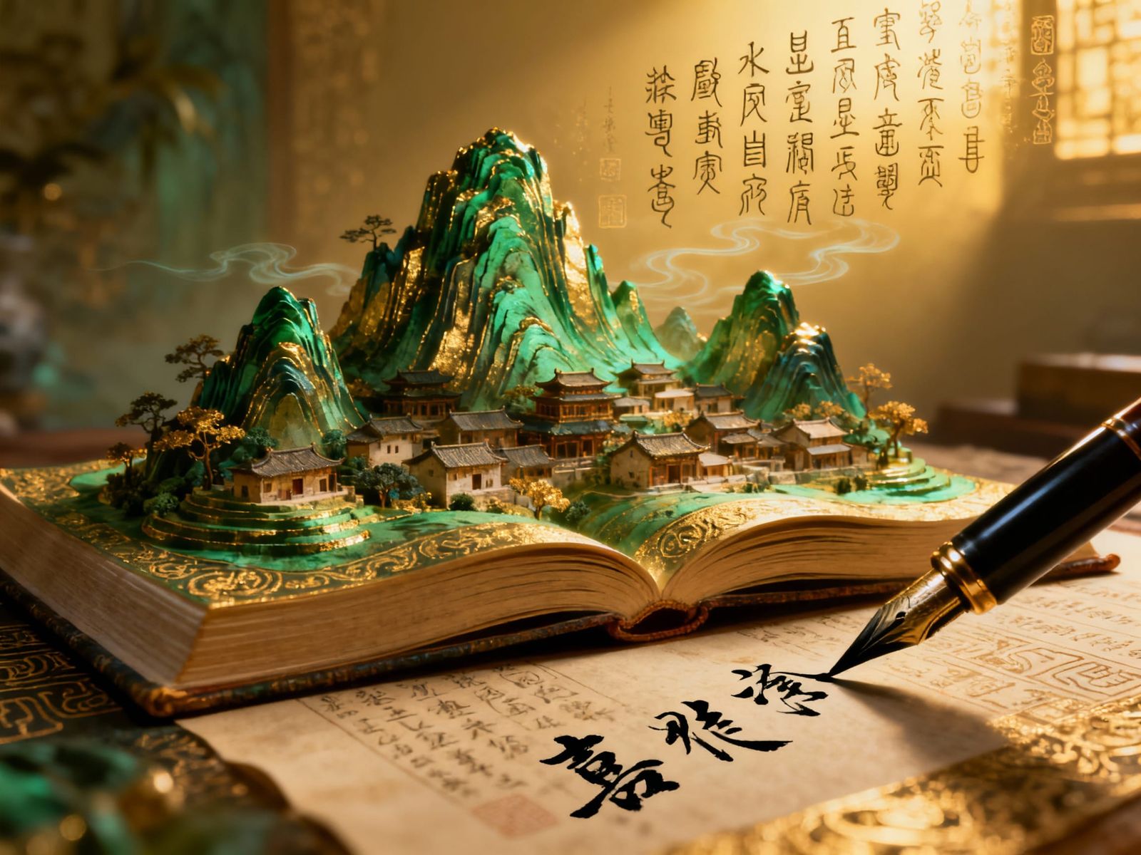 Jade Village Silk Screen Painting with Chinese Hieroglyphics