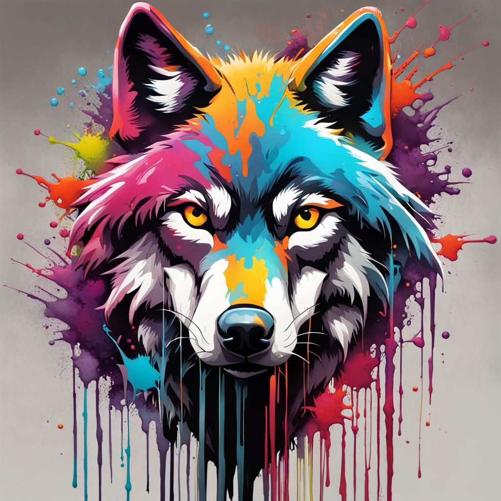 Wolves in Colorful Polychromatic Graffiti Art