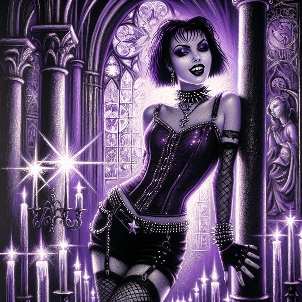 Gothic Temple Scene with Punk-Goth Woman