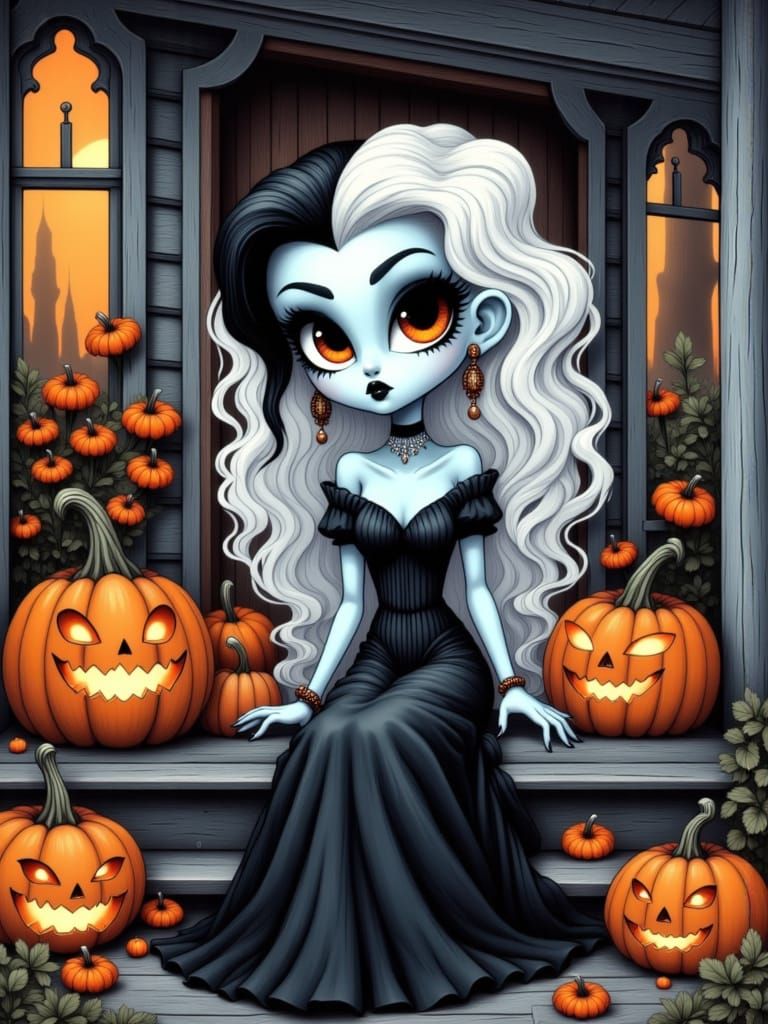 Cartoon Bride of Frankenstein on Porch