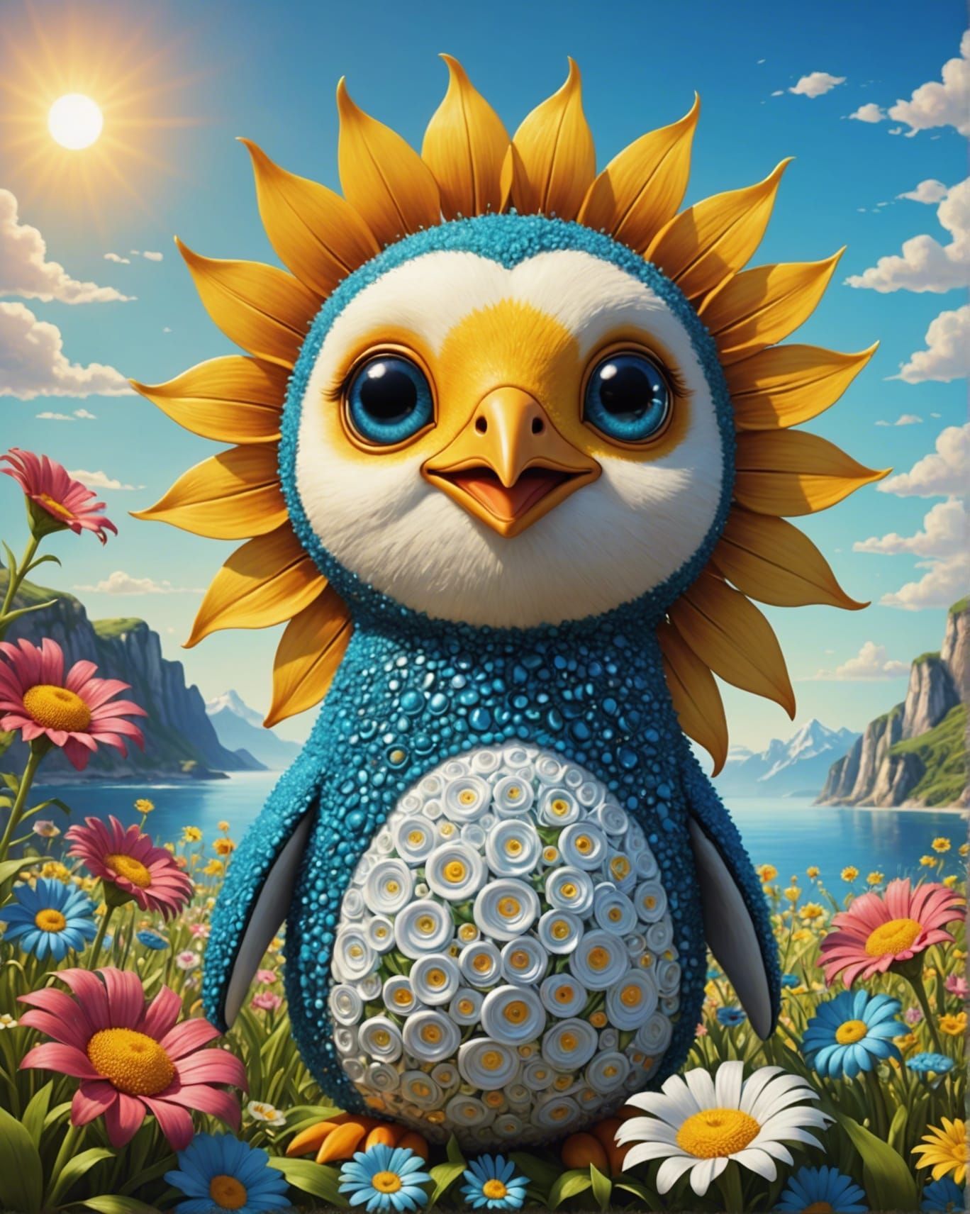 Cute Penguin-Faced Sun in a Flower Garden