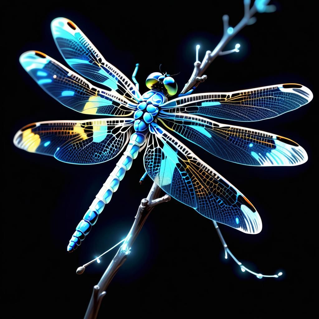 Bioluminescent Dragonfly Macro in 3D Digital Art