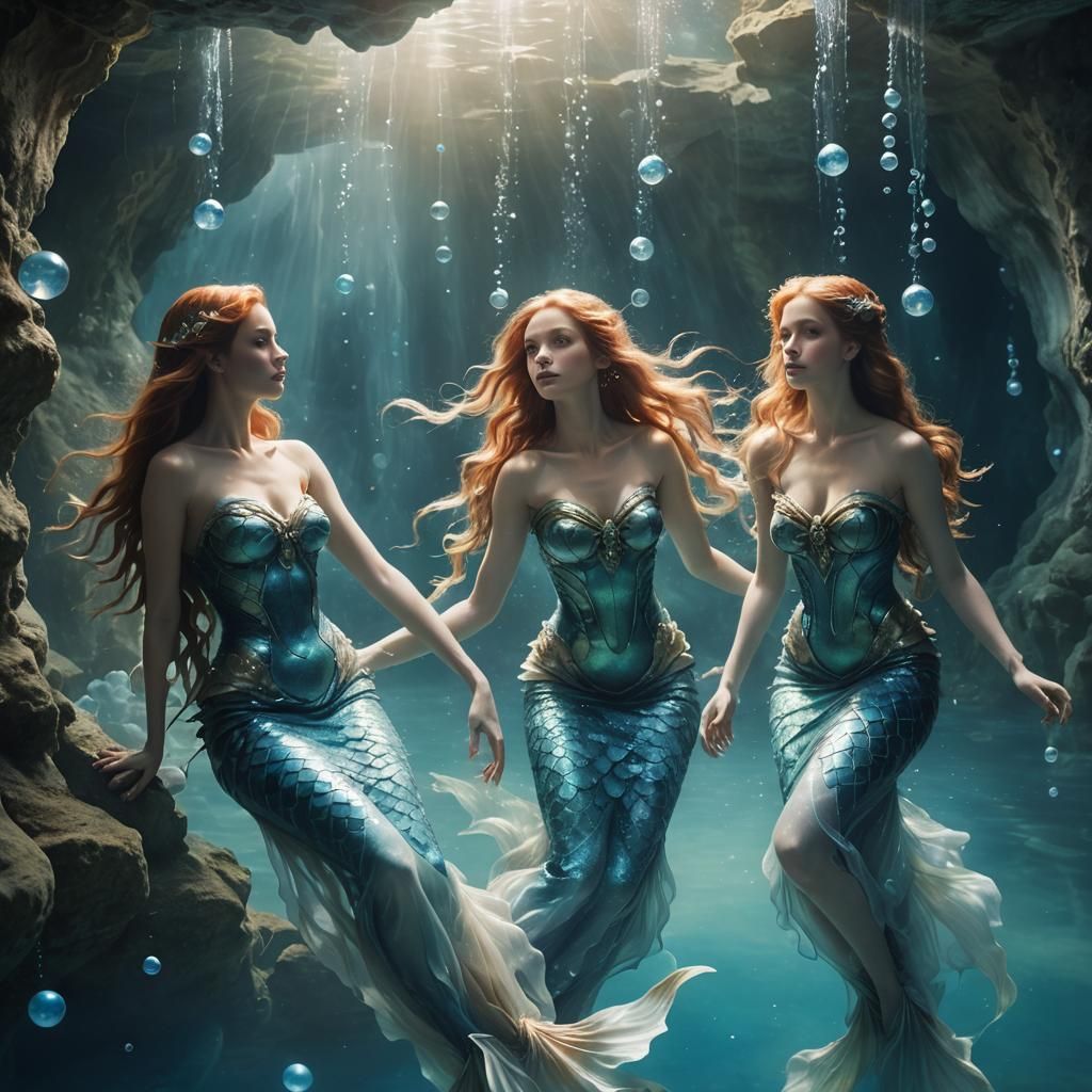 Surreal Mermaid Sirens in Dimly Lit Grotto